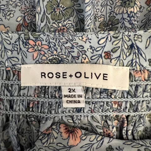 Rose + Olive Sky Blue Floral Print Vneck Button Down High Low Blouse Size 2x Good Condition