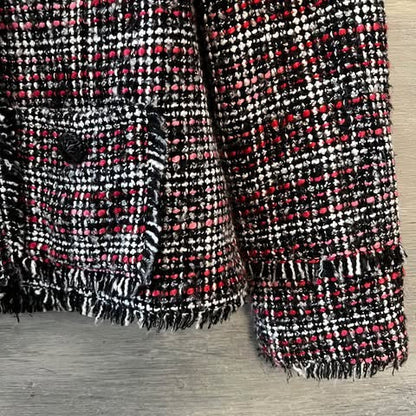 Chico’s Black Pink Fringe Trim Tweed Blazer Jacket Size 0/XS Like New