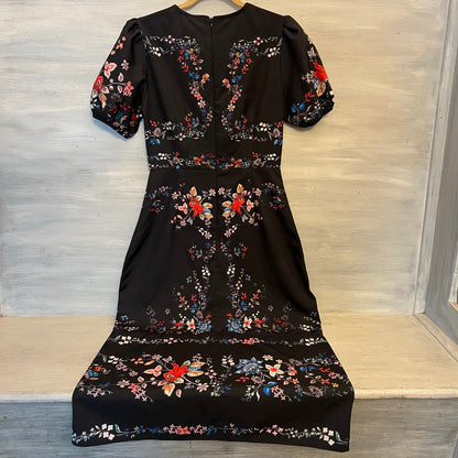 Lovely Black Floral Print Swallow Tail Collar Puff Sleeve Midi Dress Small Like New