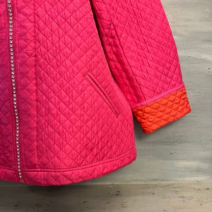 Vintage the Quacker Factory Hot Pink Quilted Rhinestone Zipper Coat Jacket Est. Size XL Good Condition