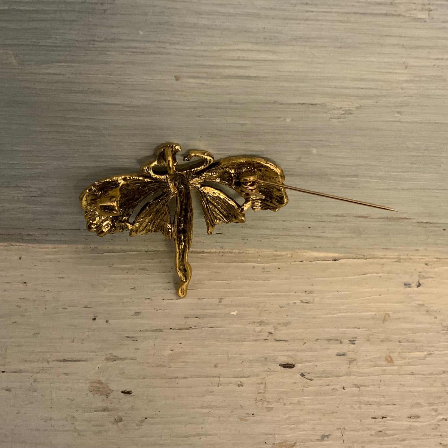 Vintage Gold Tone Dancing Fairy w/ Bejeweled Multicolor Wings Brooch Pin 2x2 Good Condition