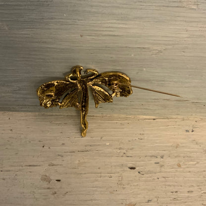 Vintage Gold Tone Dancing Fairy w/ Bejeweled Multicolor Wings Brooch Pin 2x2 Good Condition