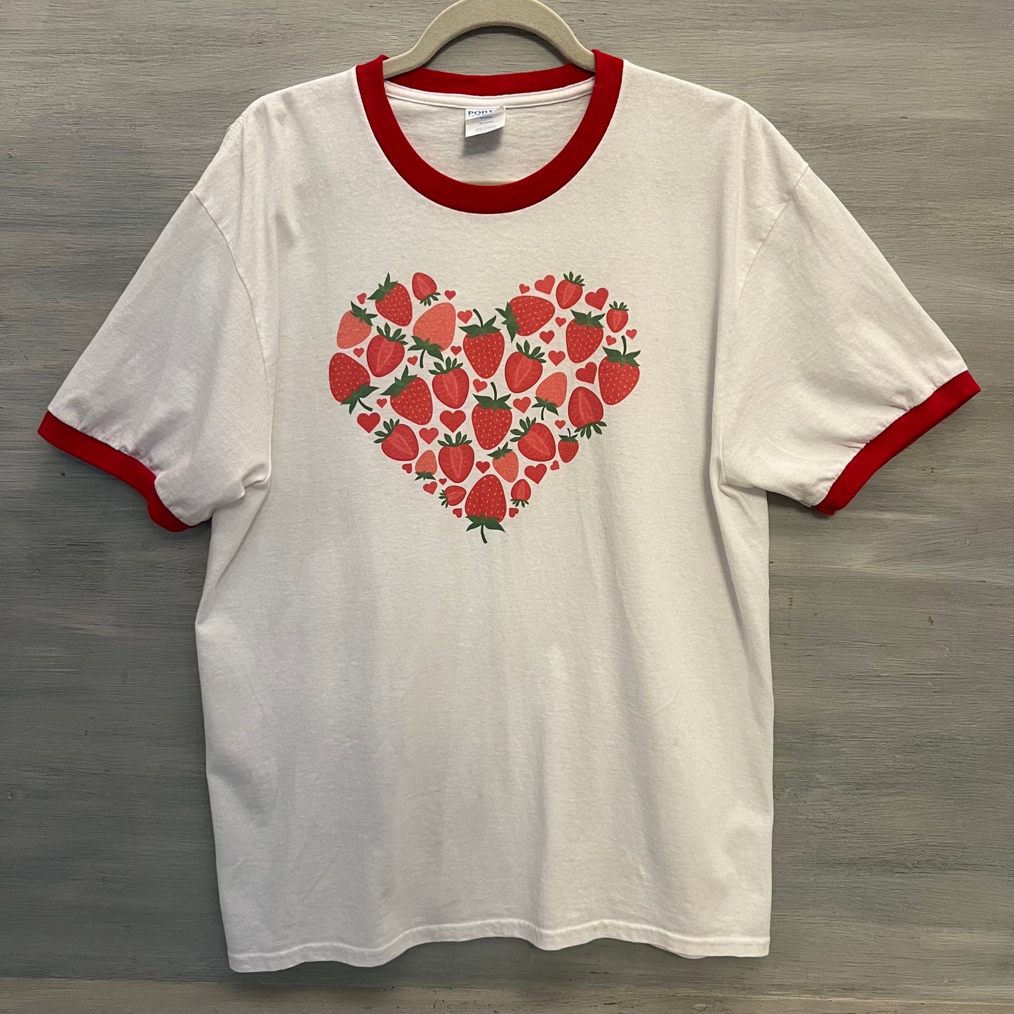 Port & Company Core Cotton White Ringer Strawberry Heart Graphic Tshirt Size Large Good Condition