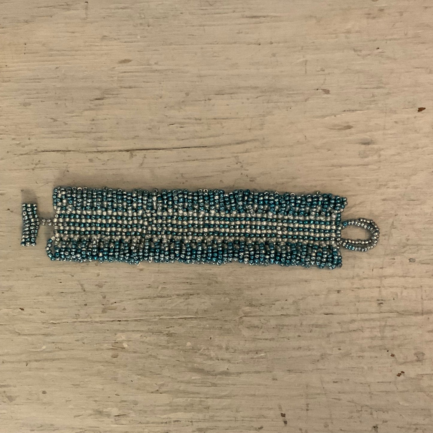 Handmade Blue White Iridescent Mini Beaded Cuff Bracelet 7" Good Condition