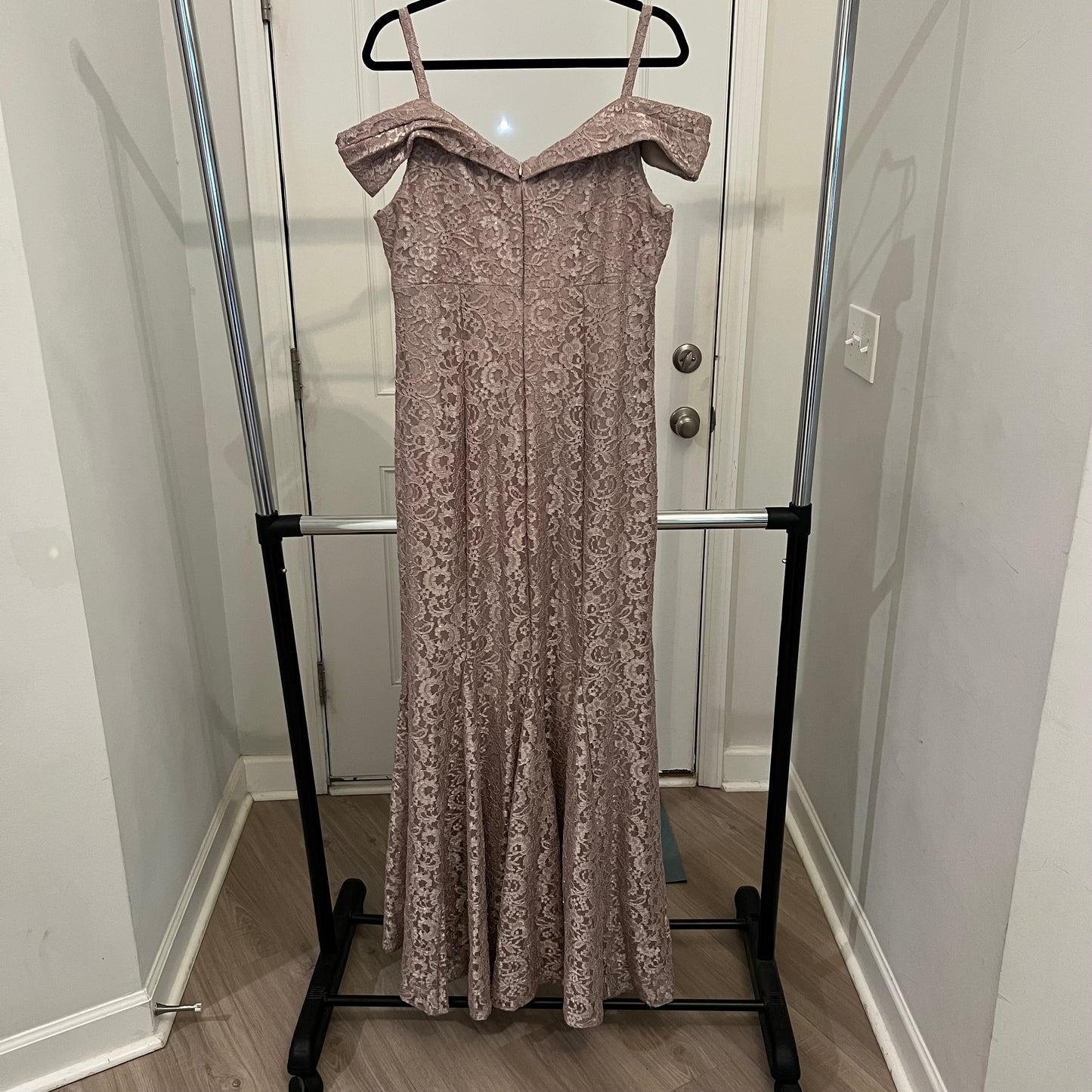 R&M Richards Taupe Shimmer Lace Mermaid Gown Size 16 Good Condition