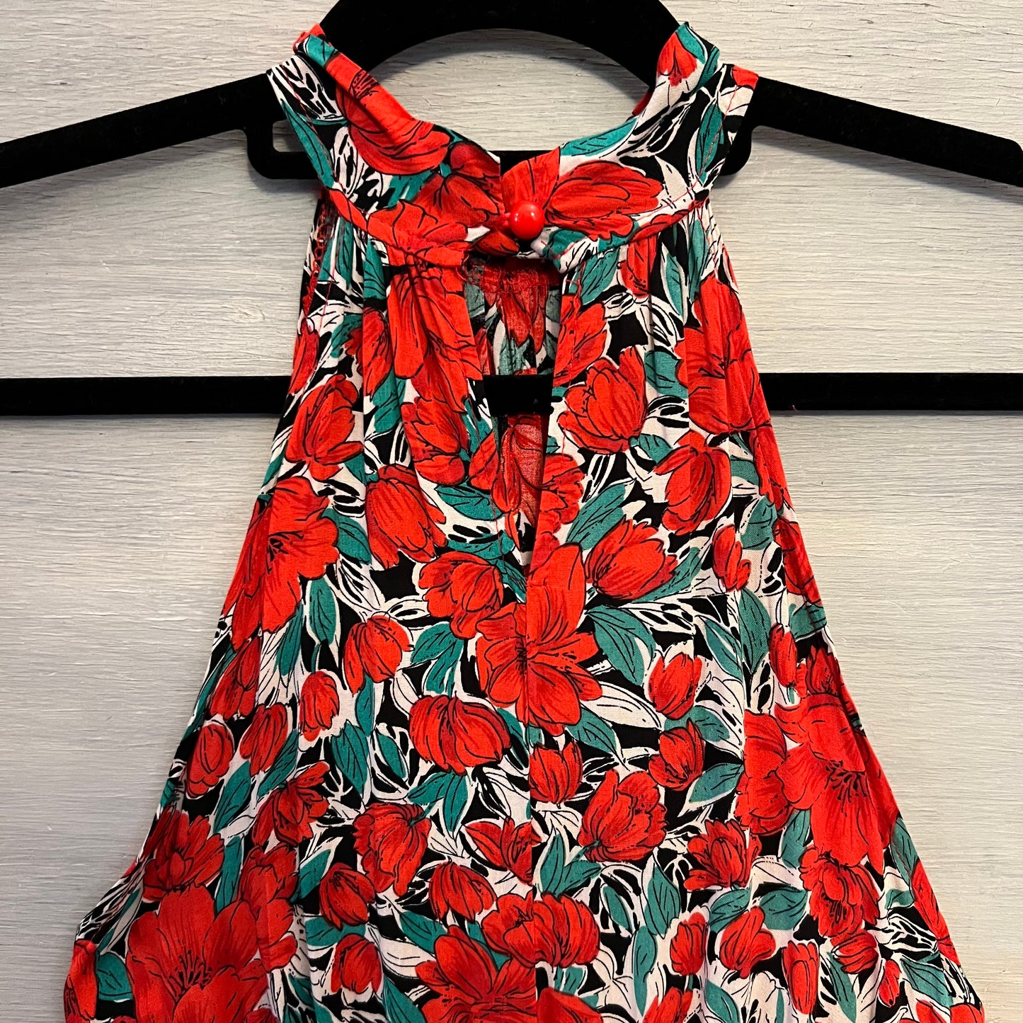 Red Hibiscus Flower Print Halter Neck Racerback High Low Maxi Dress Size Medium Good Condition