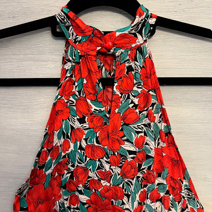 Red Hibiscus Flower Print Halter Neck Racerback High Low Maxi Dress Size Medium Good Condition