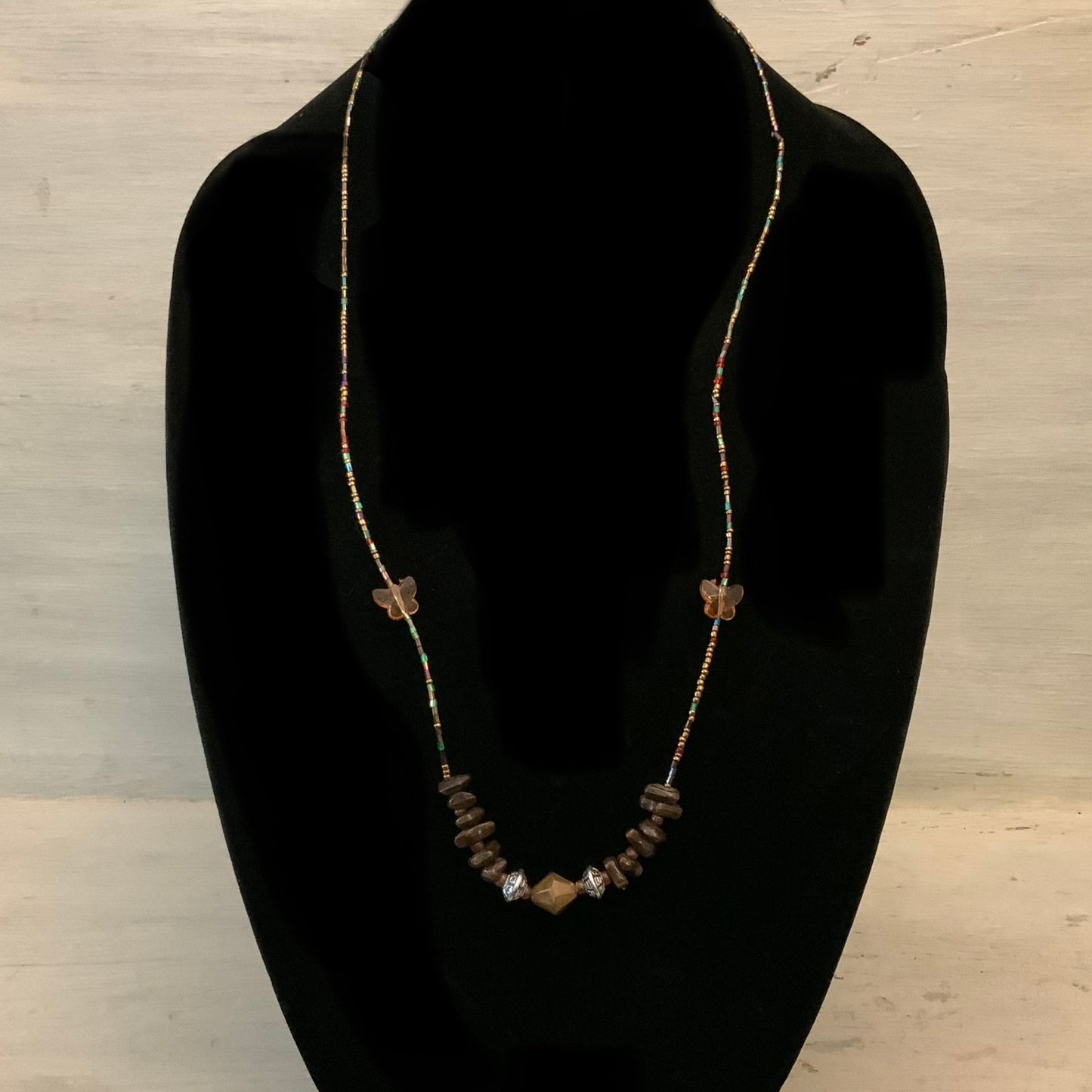 Long Earthy Toned Multicolor Handbeaded Bohemian Strand Necklace 15" Good Condition