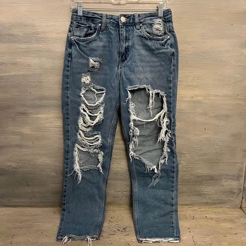 Refuge 100% Cotton Mom High Rise Heavily Distressed Medium Wash Denim Blue Jeans Size 5 Good Condition