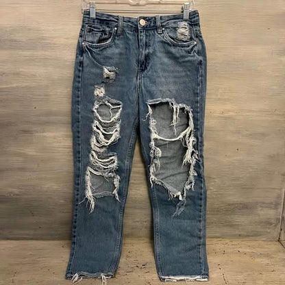 Refuge 100% Cotton Mom High Rise Heavily Distressed Medium Wash Denim Blue Jeans Size 5 Good Condition