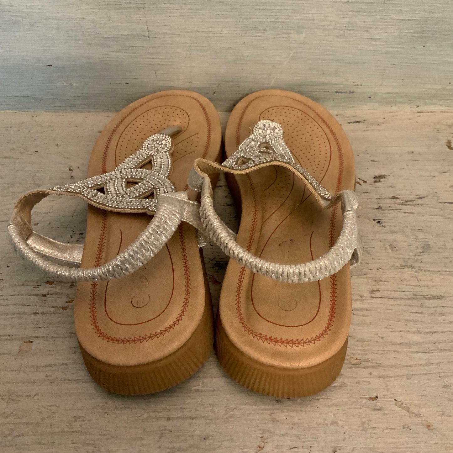Forever Silver Embellished T Strap Thong Mini Wedge Slip On Sandals Size 7.5 Good Condition