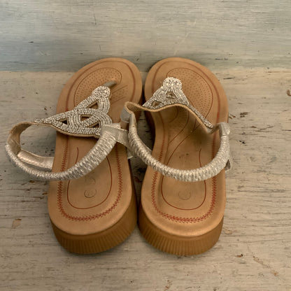 Forever Silver Embellished T Strap Thong Mini Wedge Slip On Sandals Size 7.5 Good Condition