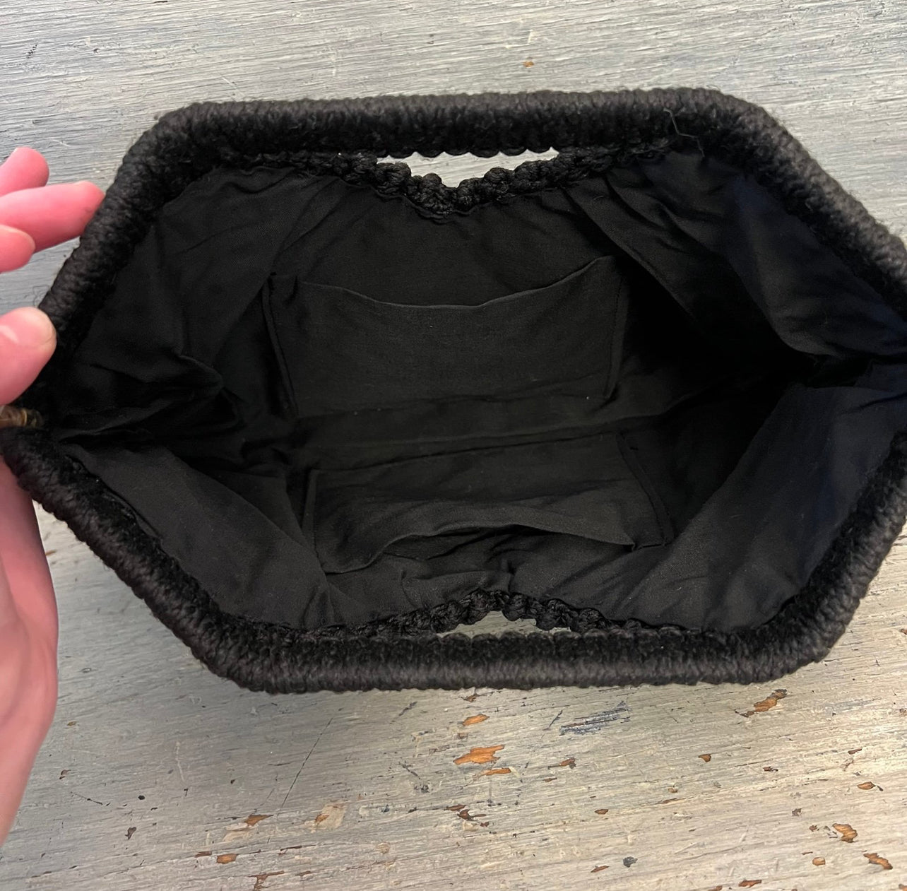 Vintage Handmade Black Beaded Macrame Clutch Handbag Purse Good Condition