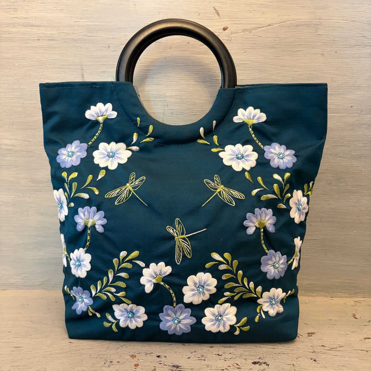 Embroidered Beaded Flower Dragonfly Blue Green Handbag Purse New