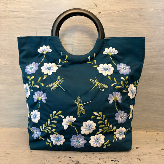 Embroidered Beaded Flower Dragonfly Blue Green Handbag Purse New