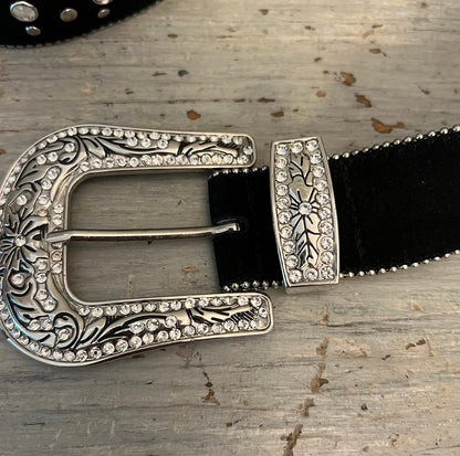 Studded Rhinestone Black Suede Leather Belt XL New
