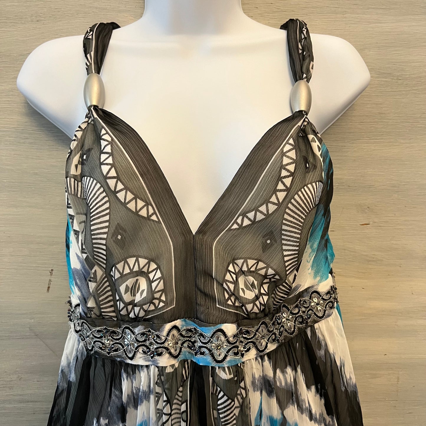 White House Black Market Aqua Charcoal Tie Dye Abstract Print Maxi Sun Dress Size 6 Good Condition
