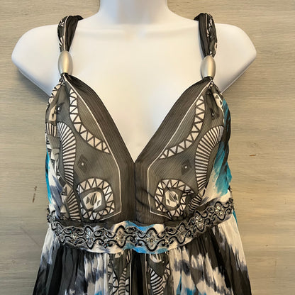 White House Black Market Aqua Charcoal Tie Dye Abstract Print Maxi Sun Dress Size 6 Good Condition