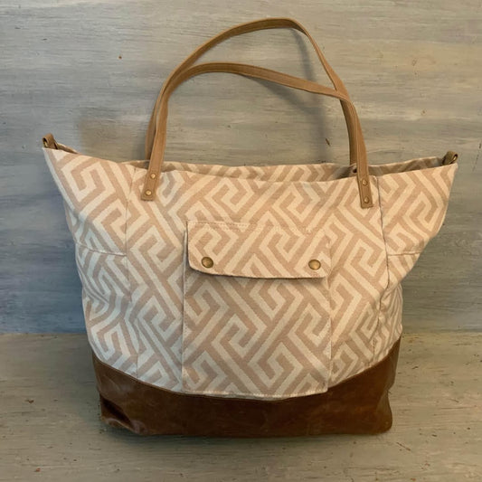 Mossimo Canvas Greek Key Faux Brown Leather and Suede Overnight Weekender Bag Good Condition