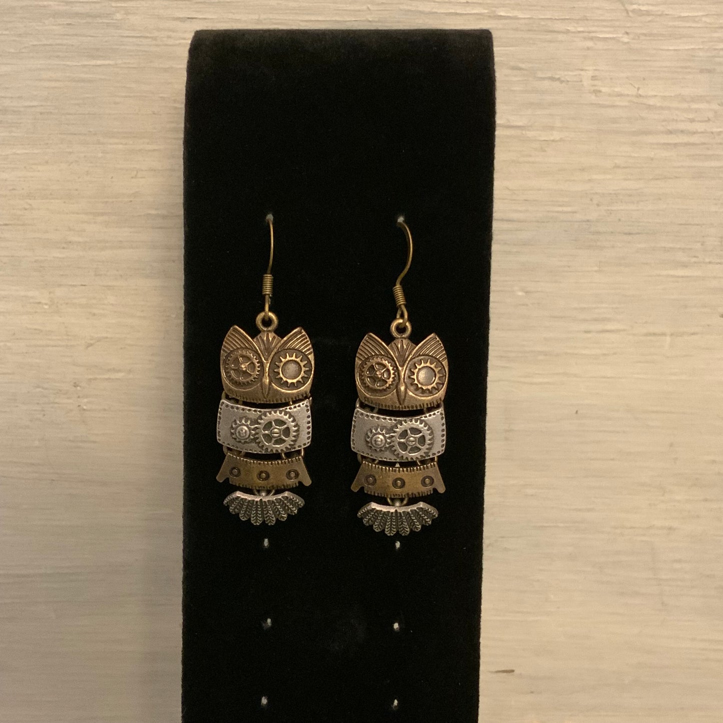 Steampunk Mixed Metal Segmented Dangling Owl Earrings Good Condition