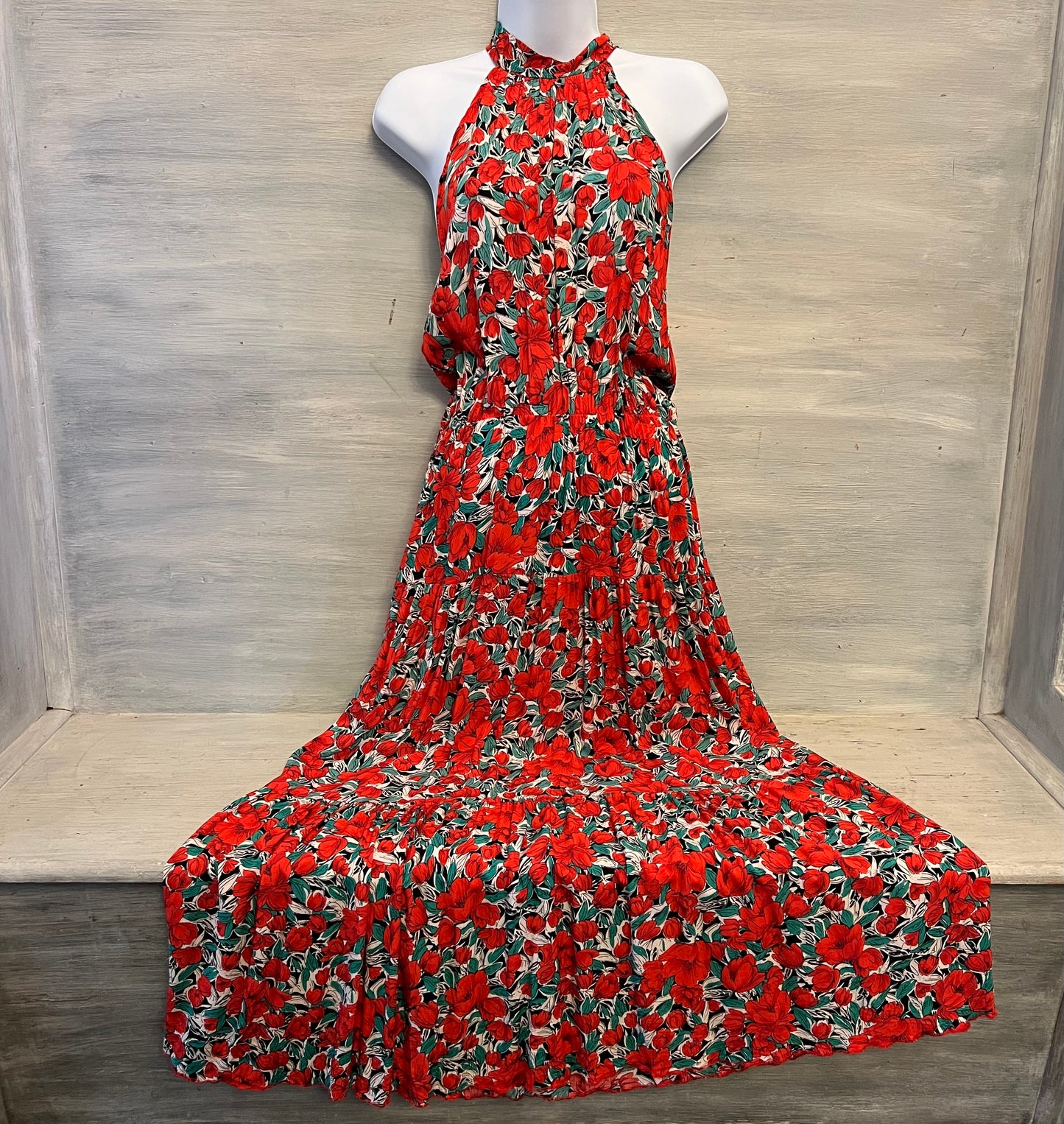 Red Hibiscus Flower Print Halter Neck Racerback High Low Maxi Dress Size Medium Good Condition