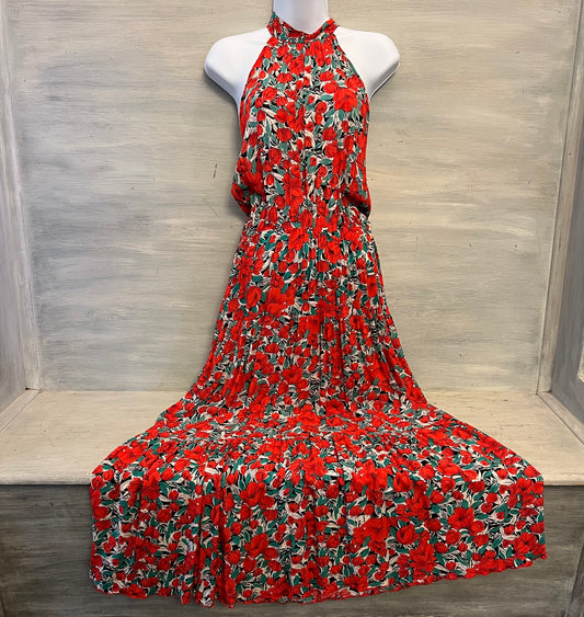 Red Hibiscus Flower Print Halter Neck Racerback High Low Maxi Dress Size Medium Good Condition