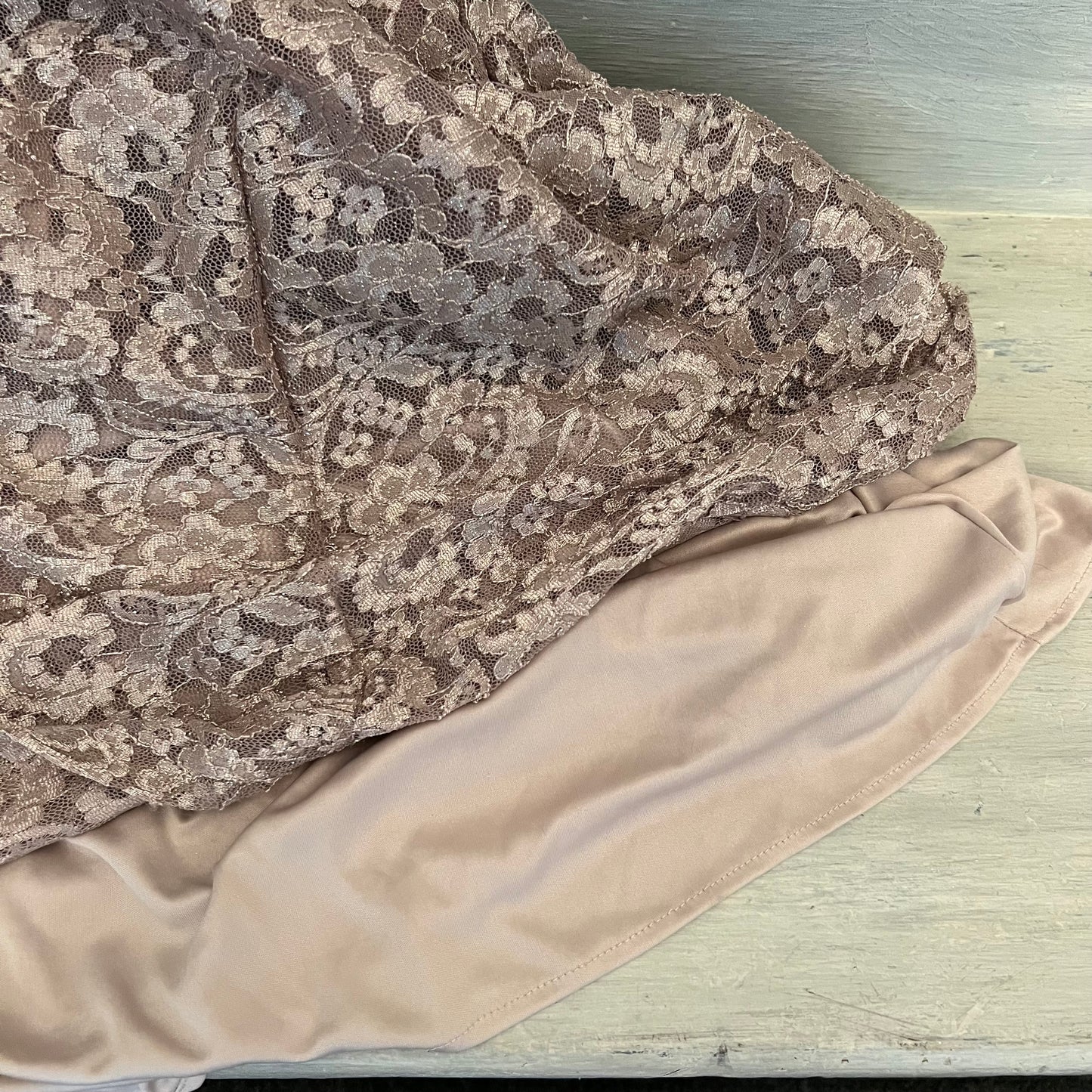 R&M Richards Taupe Shimmer Lace Mermaid Gown Size 16 Good Condition