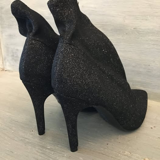 Brash Black Metallic Sock Booties Boots Size 8.5 US 4 inch Heels New Years Eve Like New