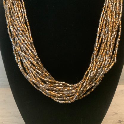 Bold Bronze Silver Beaded Multi Strand Choker Statement Necklace Good Condition