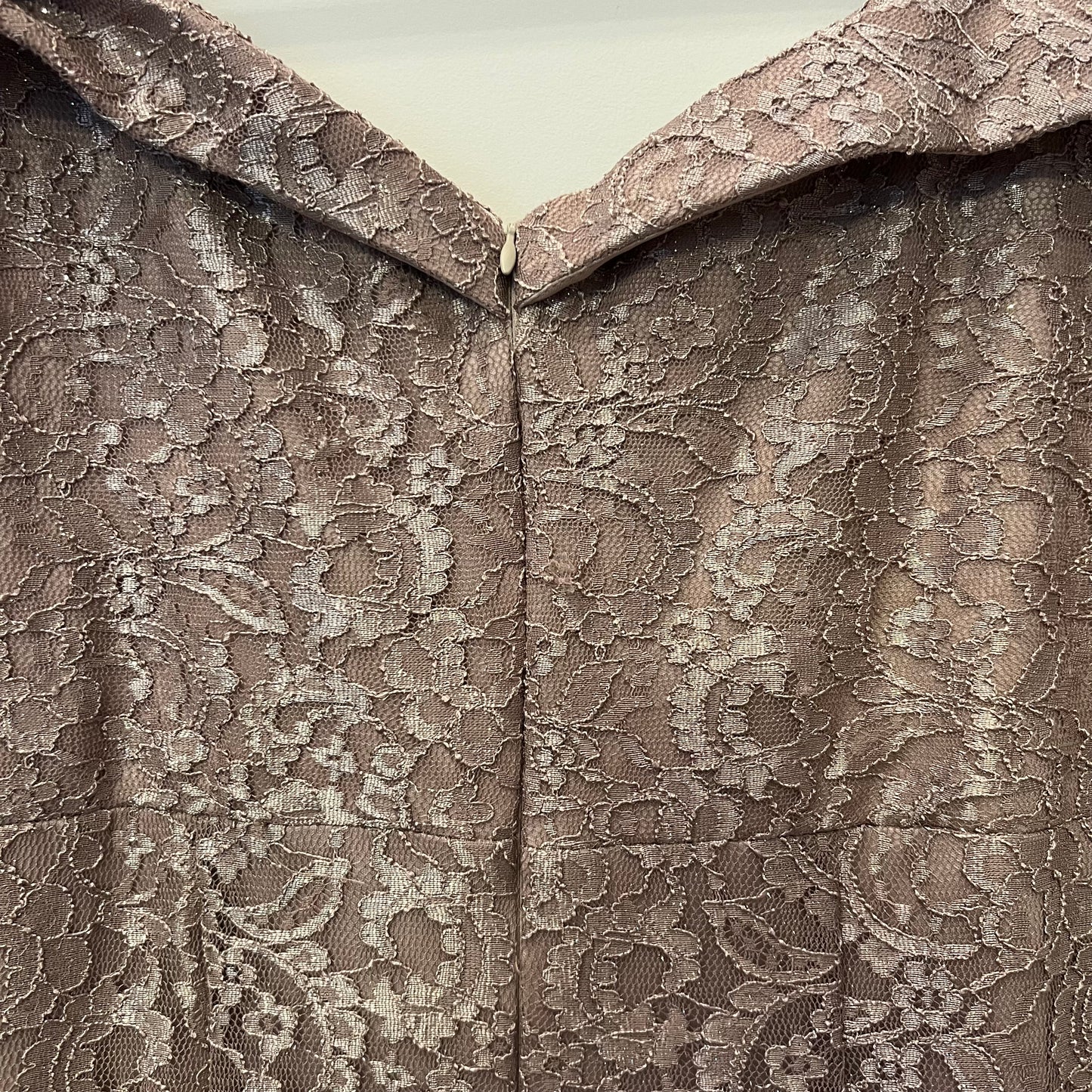R&M Richards Taupe Shimmer Lace Mermaid Gown Size 16 Good Condition