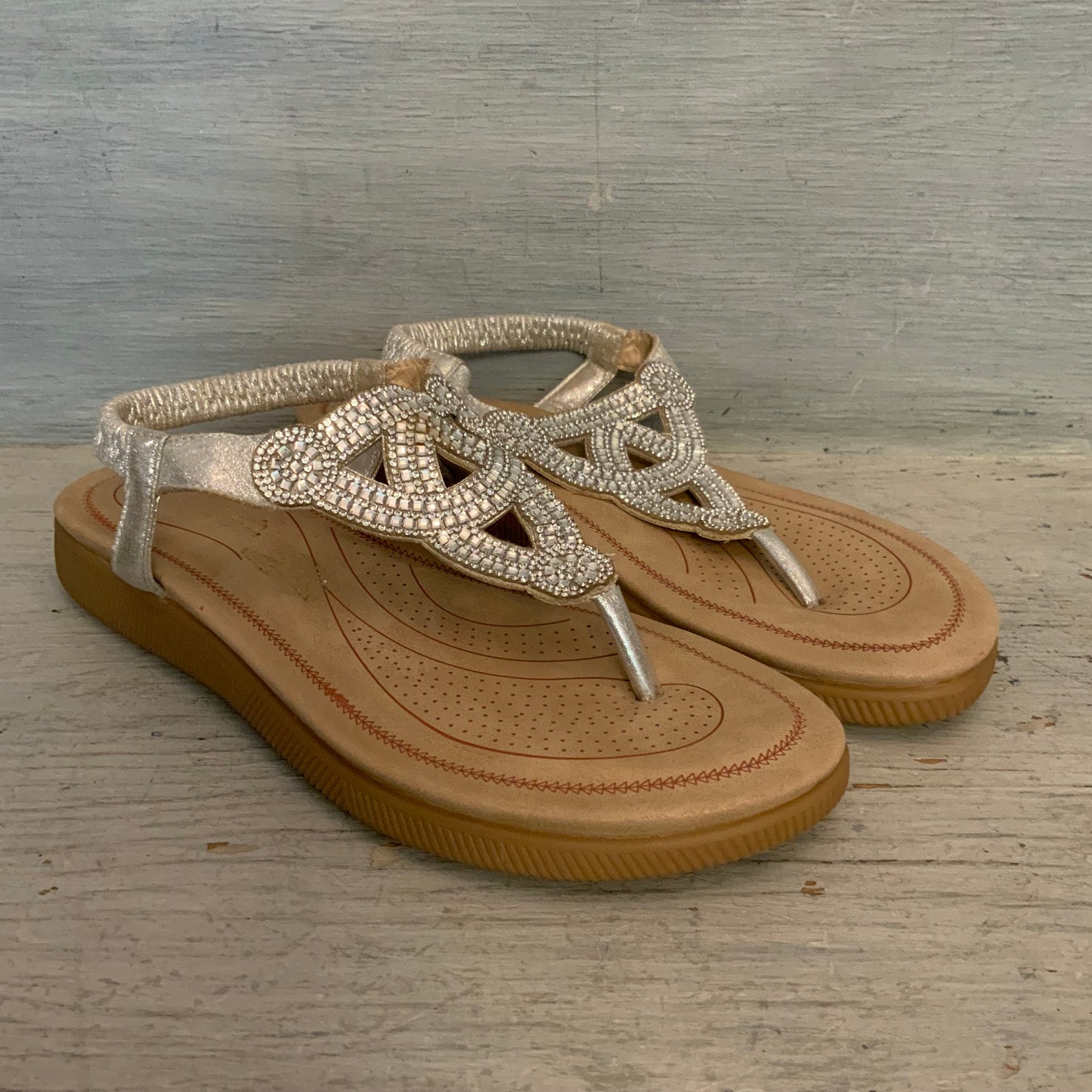 Forever Silver Embellished T Strap Thong Mini Wedge Slip On Sandals Size 7.5 Good Condition