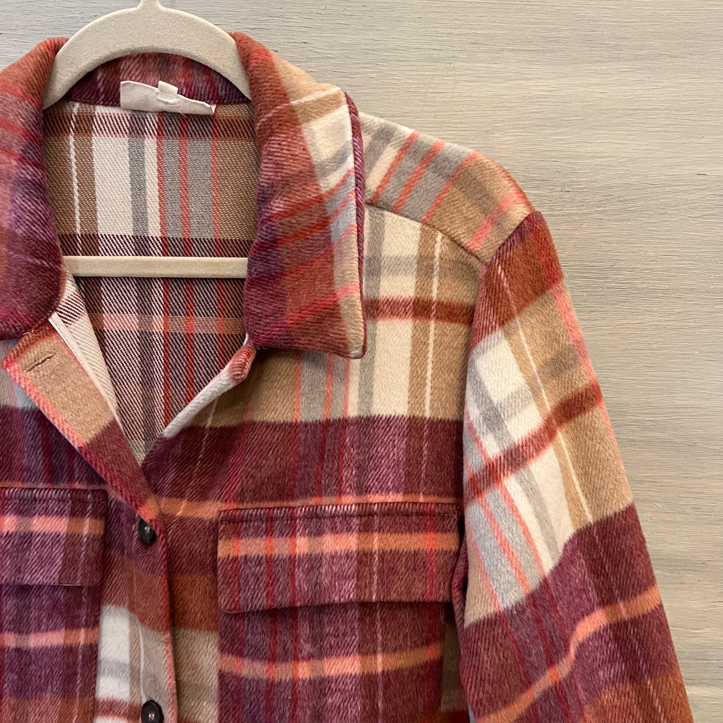Melloday Purple Burgundy Gray Pink Cropped Flannel Shirt Size Medium Good Condition