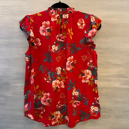 Loft Red Floral Ruffle Cap Sleeve Blouse Size Medium Good Condition