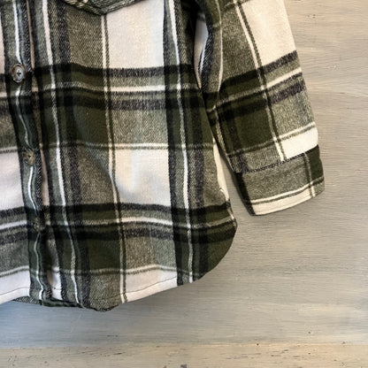 Time&Tru Olive Green Black Cream Plaid Flannel Button Down Shirt Shacket Small Good Condition