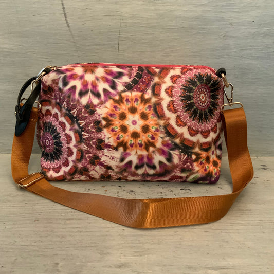 Beautiful Boho Shimmer Medallion Print Canvas Crossbody Bag Purse Like New