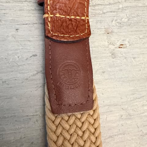 Torino Men's Tan Woven Stretch Belt with Brown Leather Trim 44-47.5" Good Condition