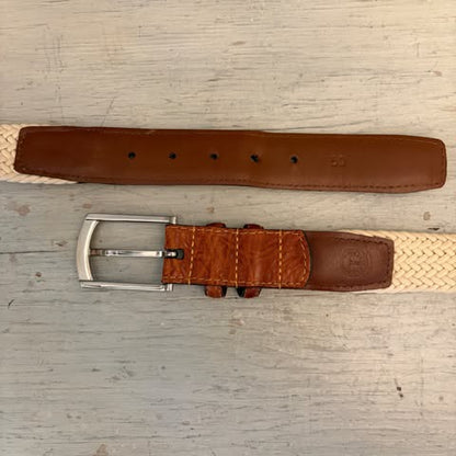 Torino Men's Cream Woven Stretch Belt w/ Brown Leather Trim 47-51" Good Condition