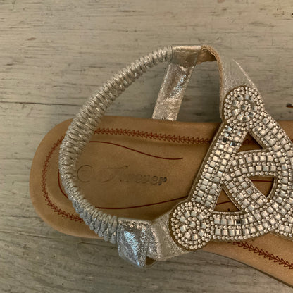 Forever Silver Embellished T Strap Thong Mini Wedge Slip On Sandals Size 7.5 Good Condition