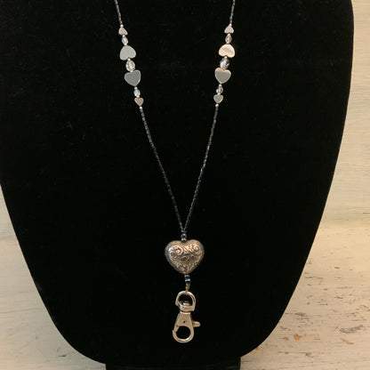 Long Black & Silver Beaded Lanyard Necklace w/ Embossed Heart & Lobster Clasp Good Condition
