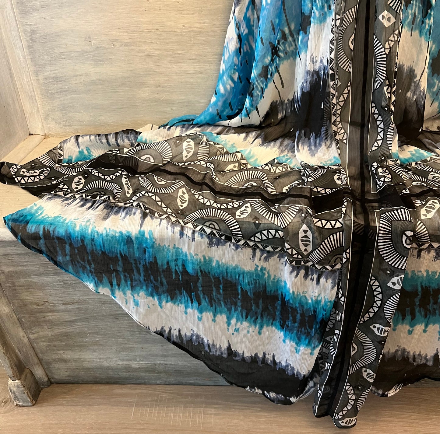 White House Black Market Aqua Charcoal Tie Dye Abstract Print Maxi Sun Dress Size 6 Good Condition