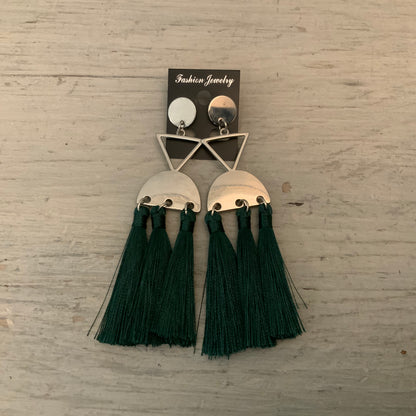 Bohemian Silver Geometric Forest Green Dangling Tassel Fashion Earrings New