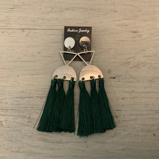 Bohemian Silver Geometric Forest Green Dangling Tassel Fashion Earrings New