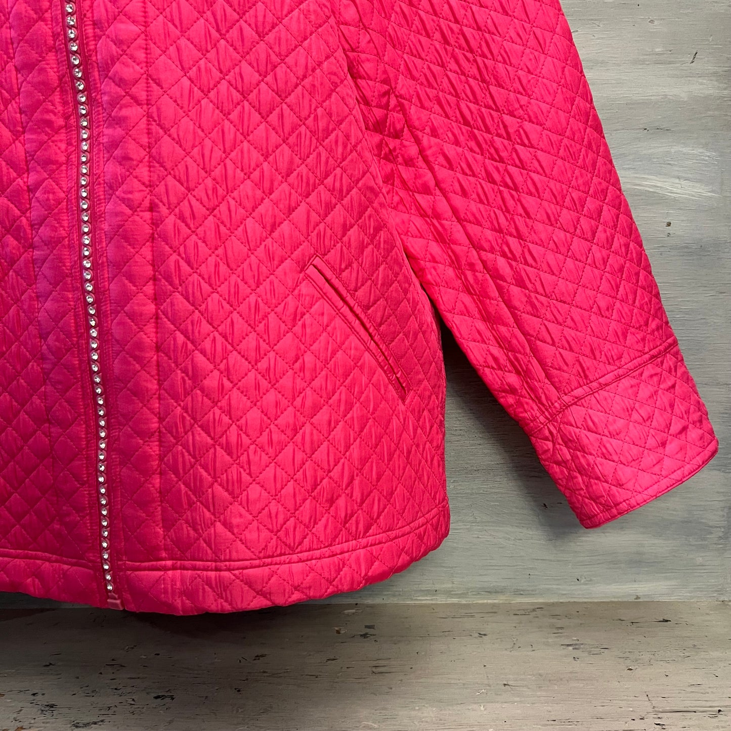 Vintage the Quacker Factory Hot Pink Quilted Rhinestone Zipper Coat Jacket Est. Size XL Good Condition