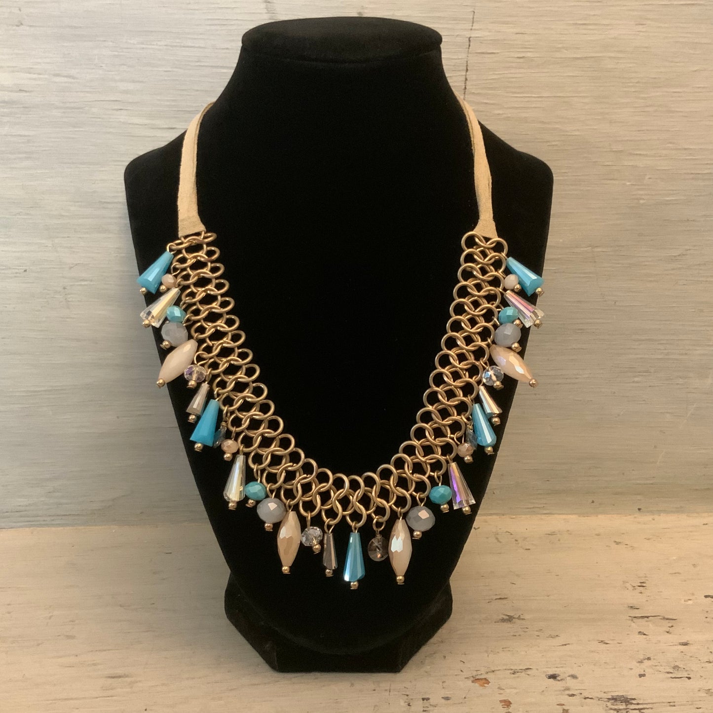 Beaded Chandelier Brass Chainmail Suede Statement Necklace Like New