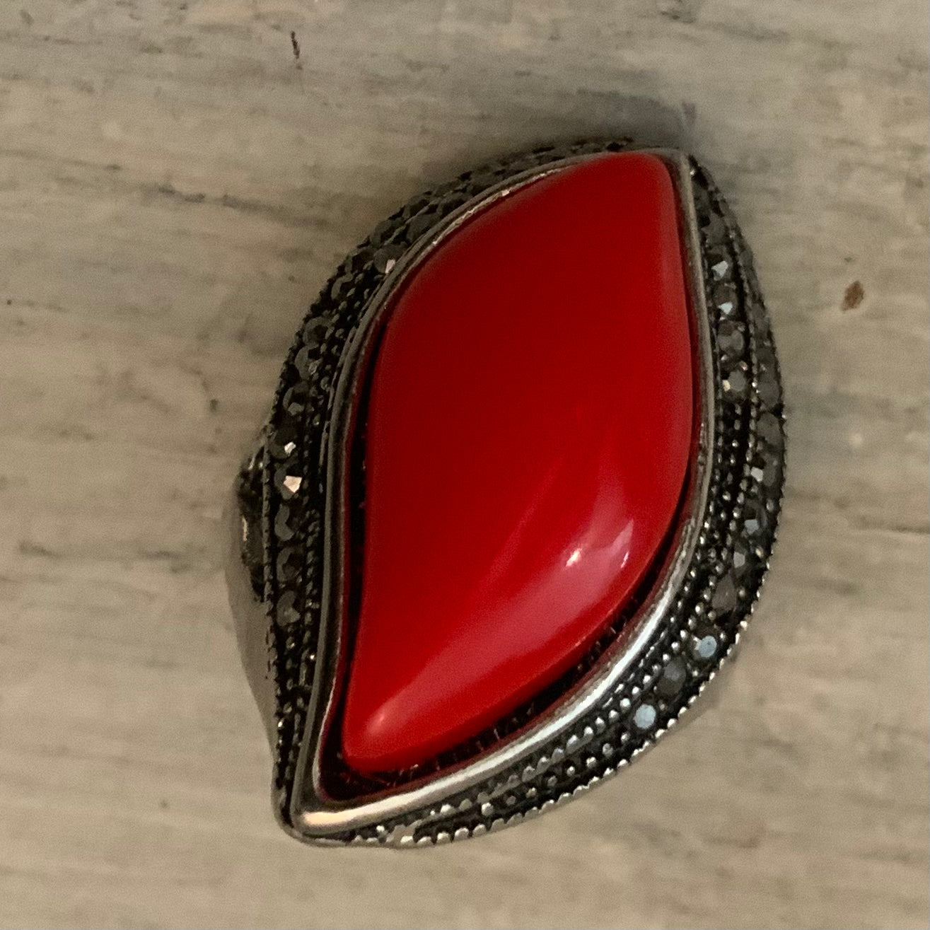 Art Deco Style Coral & Silver Oversized Studded Statement Ring Good Condition