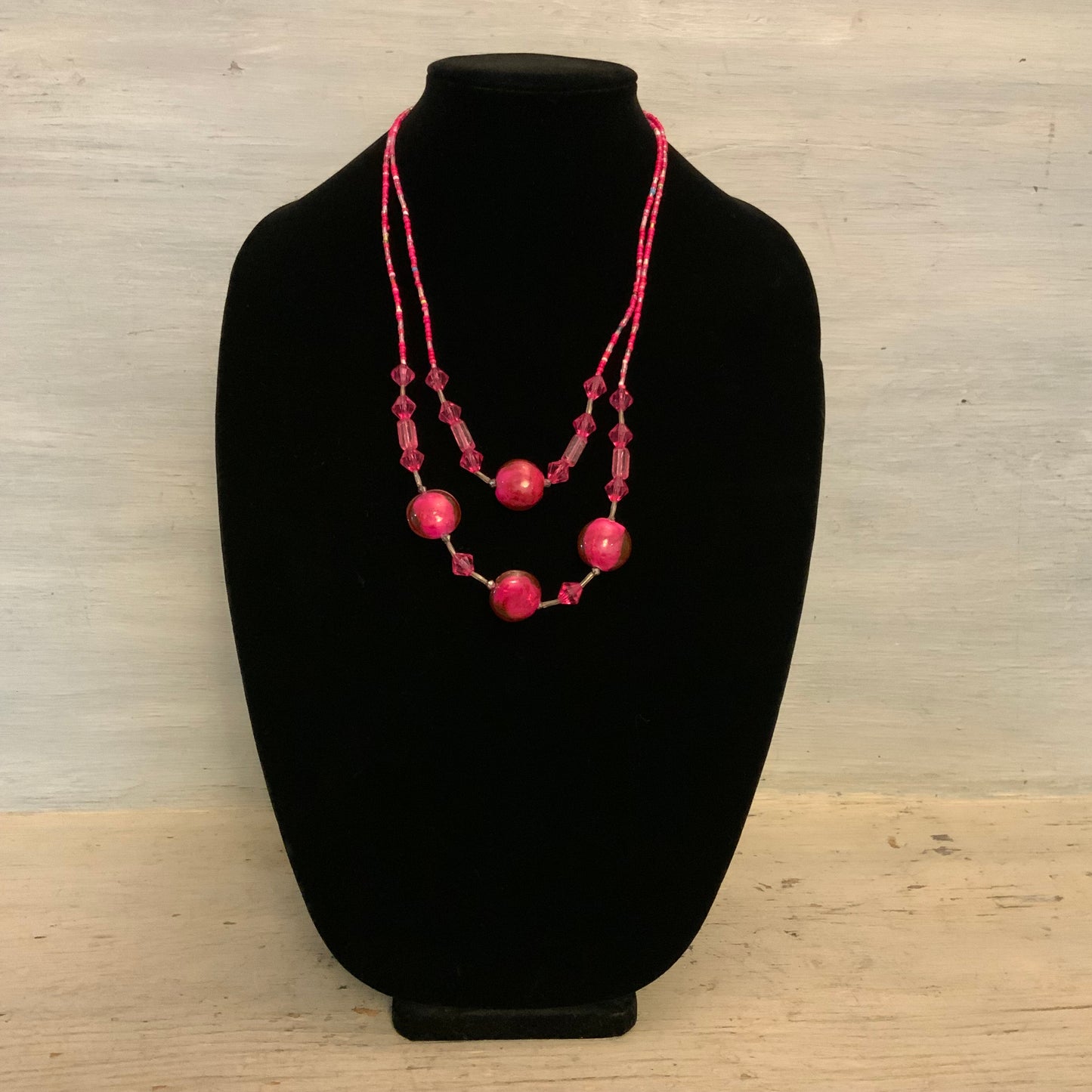 Hot Pink Long Beaded Wrap Layered Double Strand Statement Necklace 15-30" Good Condition