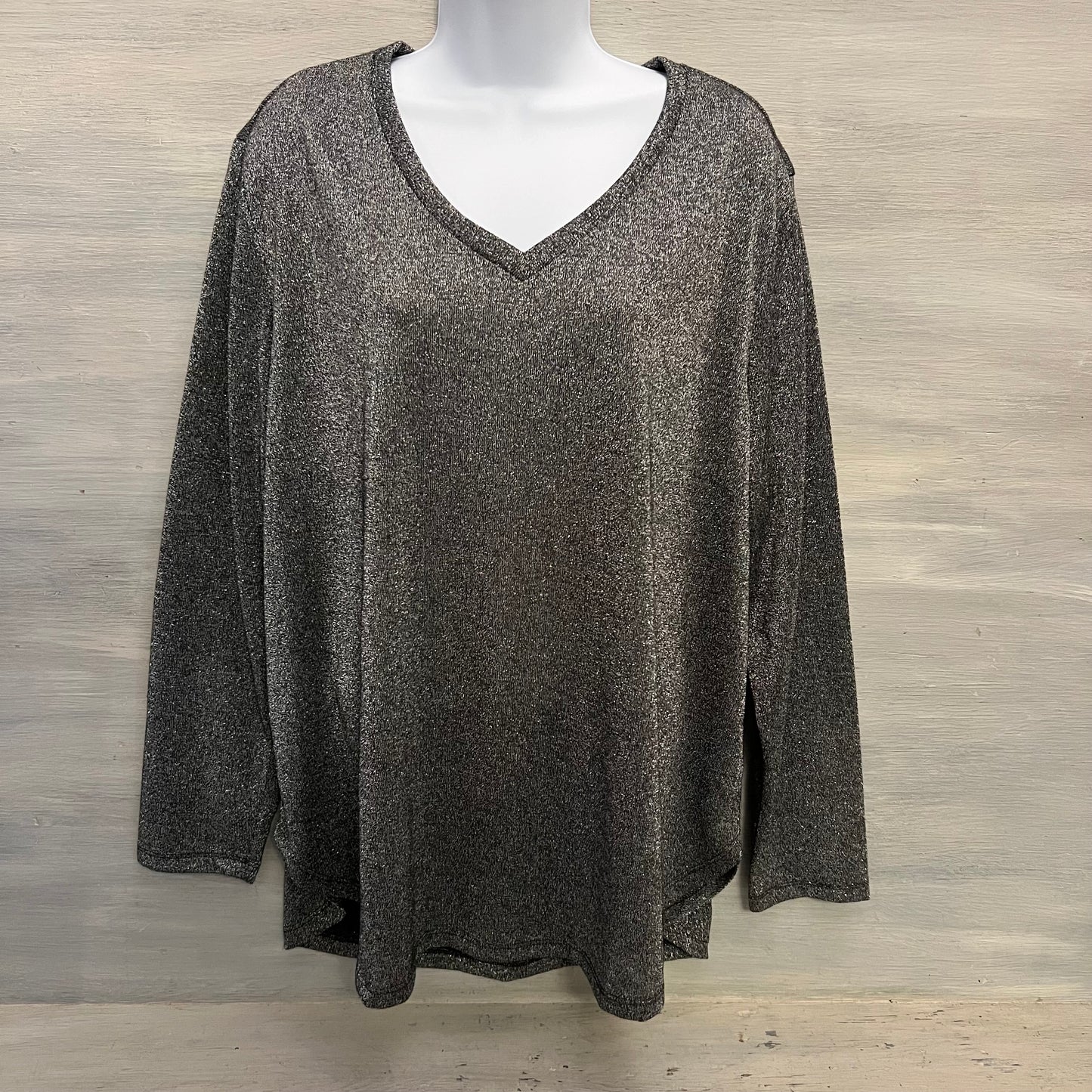 Faded Glory Metallic Silver Black Vneck Hi/Lo Knit Top Size 2XL Good Condition