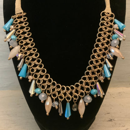 Beaded Chandelier Brass Chainmail Suede Statement Necklace Like New