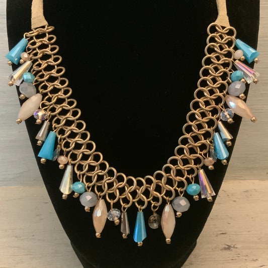 Beaded Chandelier Brass Chainmail Suede Statement Necklace Like New
