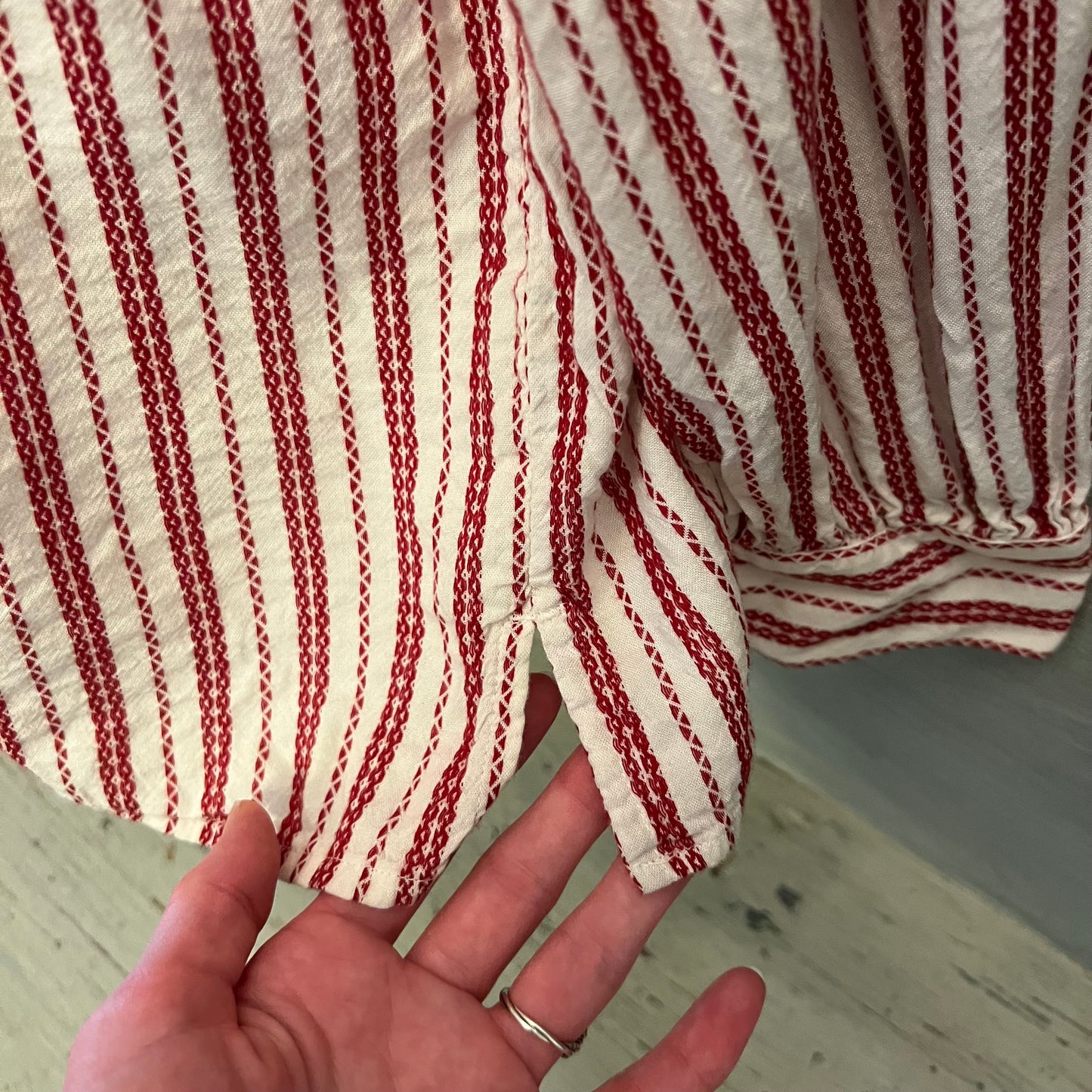 LOFT White Red Striped Ruffle Tie Neck Peasant Tunic Top Blouse Size Size XL Good Condition